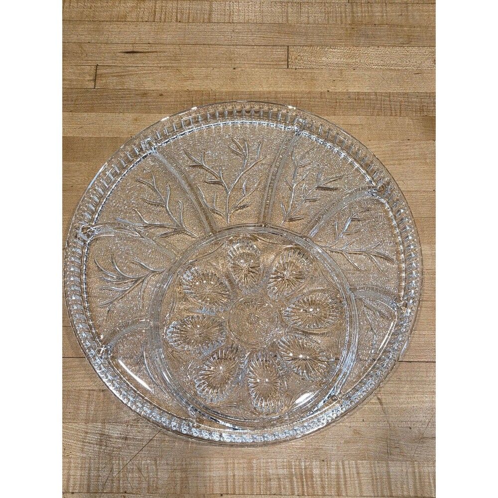 Vintage Indiana Glass Tree of Life Deviled Egg Relish Platter Clear 13 Inch
